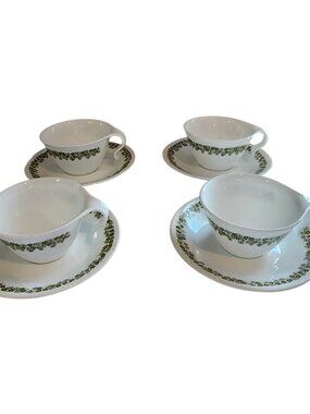 Vintage Corelle Spring Blossom Crazy Daisy Cup and Saucer Hook Handle Set of 4